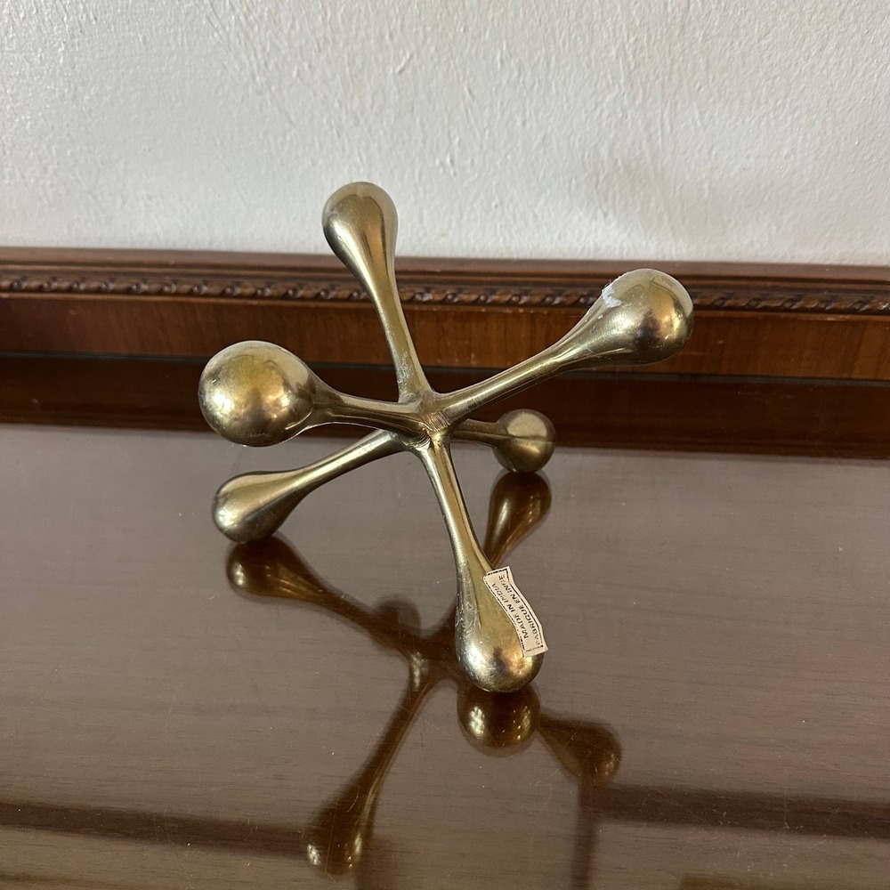 Vtg Solid Brass Jack Paperweight Sculpture Mid Century Modern Decor India 6x9